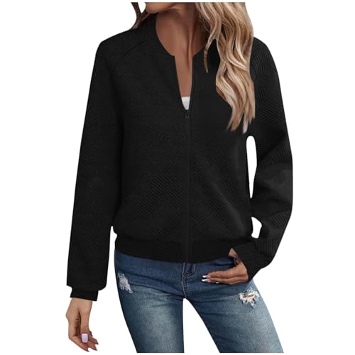 Fall Jackets for Women 2025 Textured Lightweight Bomber Jacket Long Sleeve Casual Coats Outwear Coat with Full Zip2