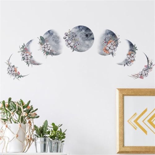 Moon Phase Wall Stickers, 7 Pieces Removable Moon Phase Plants Flower Wall Stickers Decals, Peel and Stick Modern Boho Stickers, Wall Art Decoration for Living Room Bedroom Kids Room Home Office Dorm