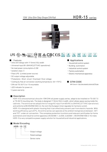 Alimentation 48V HDR-15-48 compacte à haut rendement pour tableau DIN - 3