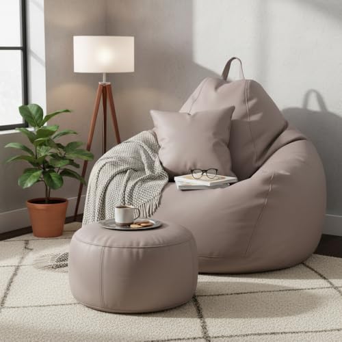 Image of KAM'S LIEU 6XL Jumbo Premium Bean Bag Chair with Footrest & Cushion | Filled with High Density EPS Beans | Comfortable Sofa for Living Room & Bedroom | 6 Months Warranty, Color- (Beige, 6XL, Premium)