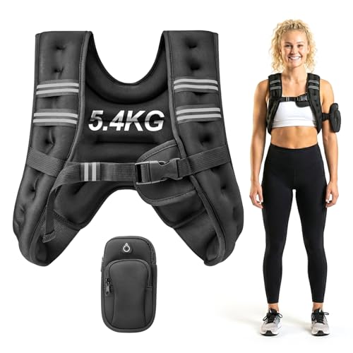 5.4kg Weighted Vest for Men Women, Training Weighted Vests with Adjustable Straps, Reflective Detailing & Phone Armband for Running, Workout, Home Gym, Muscle Building, Strength Training & Weight Loss