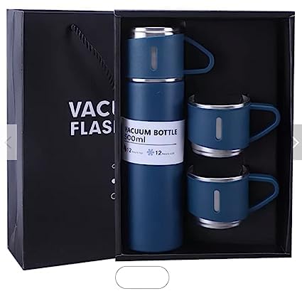 Superstore BeOne Stainless Steel Thermo 500ml Vacuum Insulated Bottle Water Flask Gift Set with Two Cups Hot & Cold (Blue)
