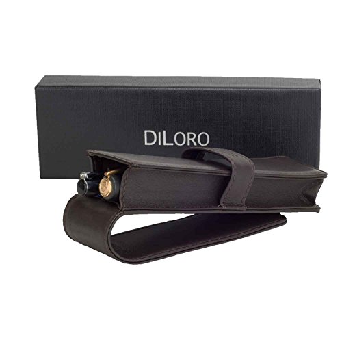 Image of DiLoro Leather Double Pen Case Pencil Pouch Holder for Two Fountain Ballpoint Rollerball Pens and Pencils (Espresso Dark Brown)