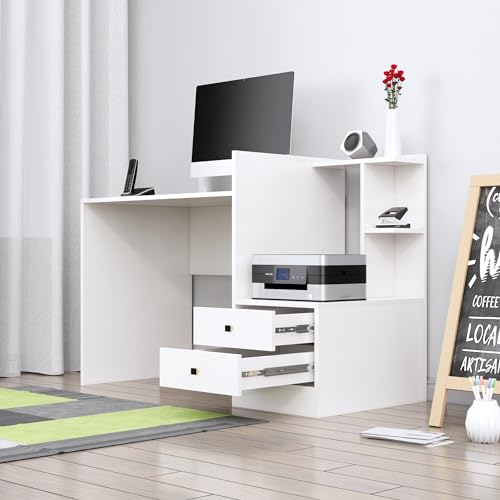 Image of Bniture Wooden Study Table for Home | Engineered Wood Study Table with Side Open Storage Area | Multi Purpose Computer Desk for Writing & Study | Laptop Table for Study Room & Office | Frosty White