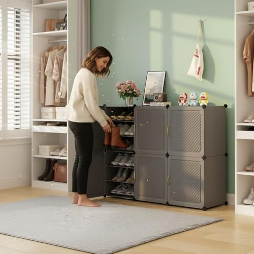 Image of Sunderlook Shoe Rack Plastic for Home- Slipper Stand, Professional Shoe Stand, Chappal Stand, Multipurpose Foldable Standing Comfort Runner Shoe Rack with Door (Charcoal Grey, 18 Shelf 6 Door)