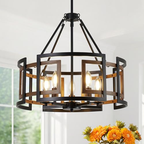 20 Dining Room Light Fixture/Chandelier Over Table 5-Light Black & Wood Grain Farmhouse Chandeliers for Dining Room Industrial Metal Hanging Pendant Lights Fixture for Kitchen Island Foyer Entryway