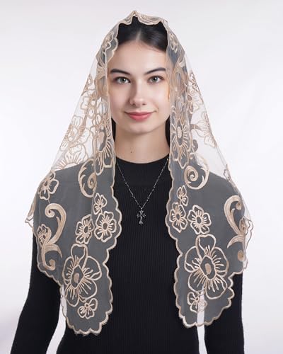 Bozidol Mantilla Triangular Embroidered Sacred Heart Cross Camellia Veil for Catholic Women – Champagne Color – Gifts for Church Weddings and Religious Ceremonies