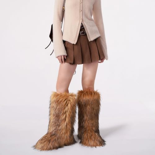 CELNEPHO Women's Fur Boot Comfortable Furry Knee High Boots Round Toe Warm Snow Boots Fashion Winter Boots4