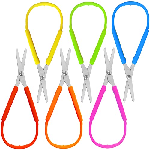 6Pack Mini Loop Scissors 5.5inch Colorful Kids Grip Scissor Set Adaptive Cutting Self-Opening Scissor for Children Support Special Needs 6 Colors