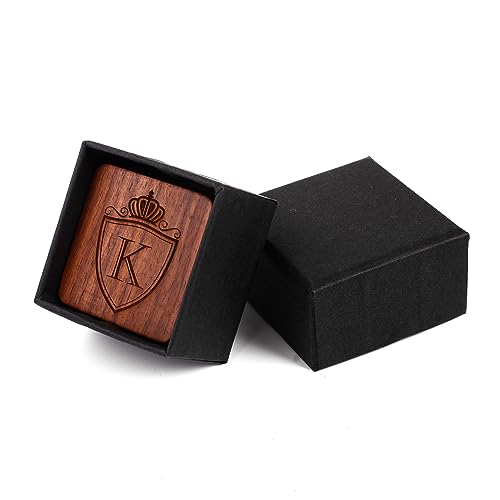 Image of Mens Initial Silver Cufflinks A-Z Alphabet Letter Steel Cuff Links with Engraved Walnut Wood Box Groom Groomsman Wedding Set