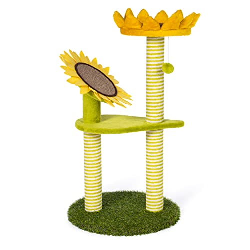 Image of Prevue Pet Products Sunflower Playground - Yellow and Green | Sunflower Pet Activity Center with Dangling Toy & Cat Scratcher, Durable Posts and Padded Platform Levels