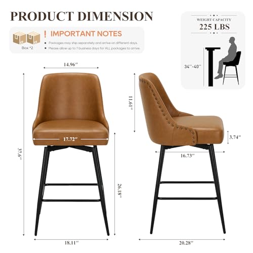 Image of MALOL Bar Stools Set of 4, 26 inch Swivel Counter Height Chairs with Back,Thick Padded Seat & Footrest,Modern Faux Leather Barstool for Kitchen Island,Dining Room,Pub,Brown