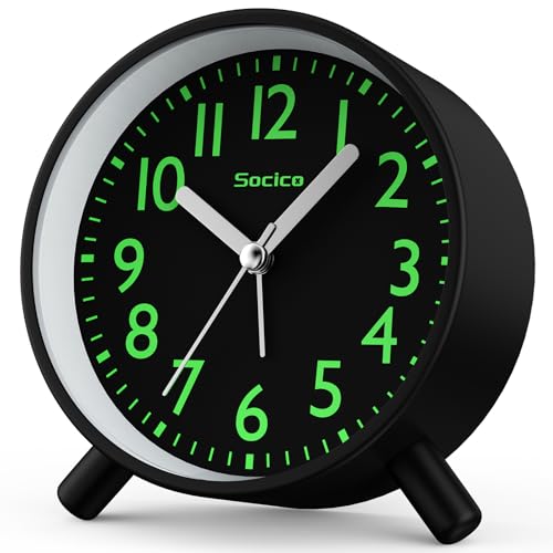 SOCICO Analoger Wecker, Runde Retro-Metall-Nachttischuhr – Batteriebetrieben mit Nachtlicht und Schlummerfunktion, für Büro, Schlafzimmer, Reise,...