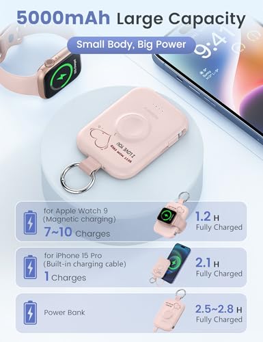 Image of RORRY CharmGo Portable Charger, 5000mAh Portable Charger Power Bank with Built-in Cables, Travel Keychain Battery Pack for Apple Watch and iPhone Air /17 /16 /15 /14 /13 /12, Mom-Pink