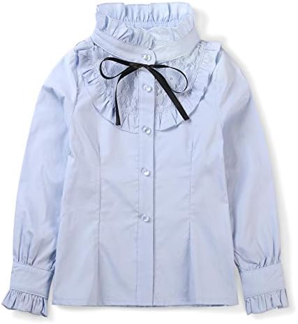 OCHENTA Uniform Shirts for Girls Ruffle Princess Lace Collar Long Sleeve Button Down Bowknot Blouse Blue US 12-13 Y - Tag 160