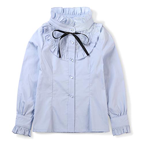 OCHENTA Girls' Princess Lace Collar Uniform Bowknot Blouse, Long Sleeve Ruffle Shirt Blue US 10-11Y - Tag 150