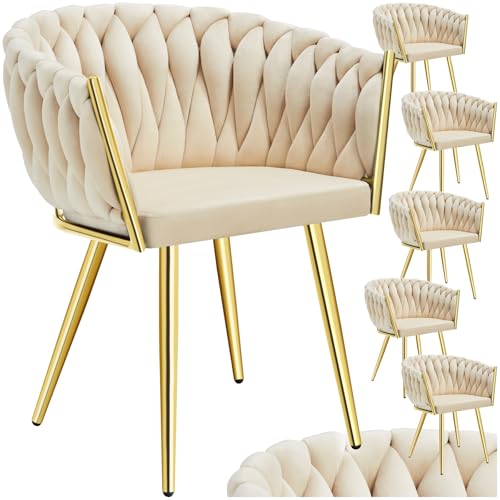 TecTake® Juego De Sillas de Comedor, Acolchada con Reposabrazos, Diseño Anudado, Estructura de Acero, Silla Cocina, Silla Comedor Nordica - 6 Sillas Arena/Oro