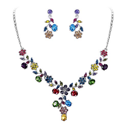 Ever Faith Wedding Party Jewelry Set For Bride Austrian Crystal Cluster Flower Leaf Necklace Earrings Set Multicolor Silver-Tone #TOP29