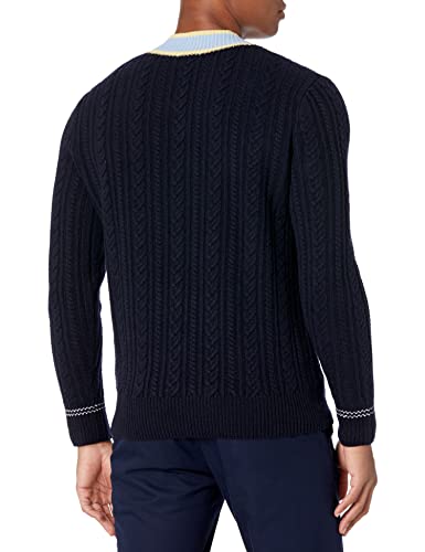 Lacoste Men Long Sleeve Semi-Fancy V-Neck Cableknit Sweater, Abysm/Overview-Yellow-Flour, S #TOP1