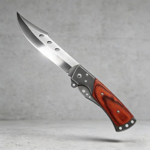 Premium Outdoor Camping Folding Knife,Portable Pocket Knife with Natural Wood Handle,Secure Locking EDC Knife for Camping, Hiking, Fishing, and Home DIY