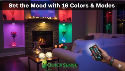 Image of Quick Sense LED Light | 2 Pack Battery Operated Under Cabinet Lighting | Color Changing Closet Fixture with Remote | Stick On for Kitchen, Shelf, Cupboard