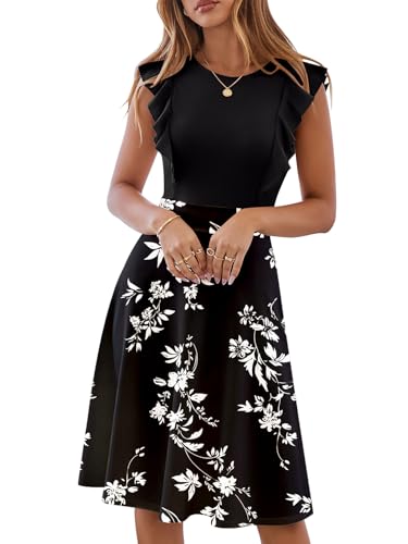 YATHON Women's Vintage Ruffle Floral Flared A Line Swing Casual Cocktail Party Dresses (M, YT001-Black Floral P2)