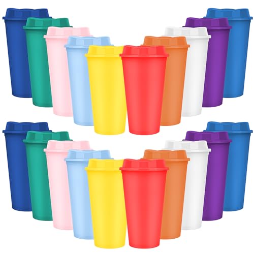 Kaxtde 20 Pack Reusable Coffee Cups with Lids, 480 ml Plastic Travel Cups Bulk, to Go Iced Coffee Mugs for Hot and Cold Drinks (10 Colours)