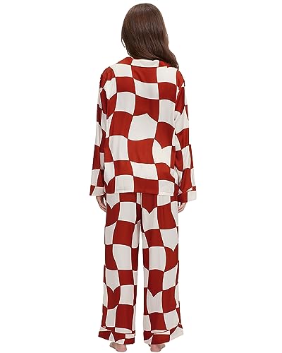 Image of YiNi LuLu Womens Silk Satin Pajamas Set Button Down 2 Piece Pjs Long Sleeve Oversized Sleepwear with Pockets