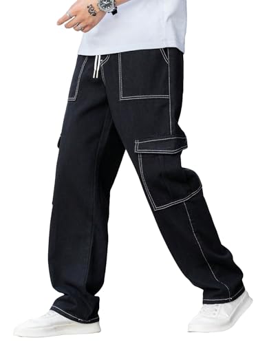WDIRARA Men's Flap Pockets Cargo Drawstring High Waisted Casual Straight Leg Pants