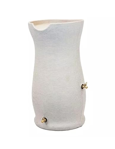 Impressions Corsican Decorative Rain Barrel, 50 Gallon Capacity,Unique Textured White Ceramic Look with Brass Spigots Finish, Modern Design