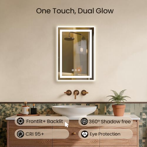 Image of 16x24 LED Bathroom Mirror with Anti-Fog, Backlit & Front Lit, Memory | Stepless Dimmable 3 Color CRI 95+ Shatterproof Tempered Glass ETL Listed for Safety Lighted Bathroom Vanity Mirror for Wall