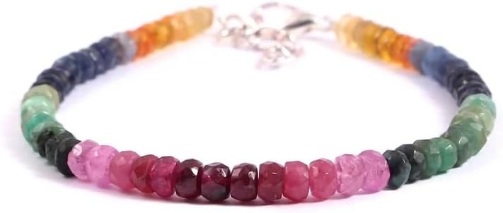 AAA++ Quality, Natural Multi Sapphire Emerald Ruby Gemstone Facet Bead Bracelet 7 Inch, 4.5 to 5 mm