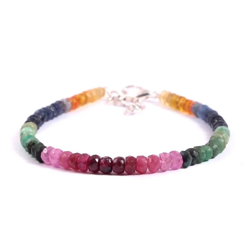 AAA++ Quality, Natural Multi Sapphire Emerald Ruby Gemstone Facet Bead Bracelet 7 Inch, 4.5 to 5 mm