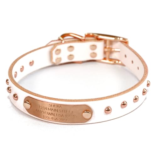 Handmade Studded Bridle Leather Dog Collar, Copper/Rose Gold Hardware and Solid Copper Nameplate (White)