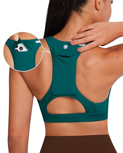 Image of QUEENIEKE BareFlow Women's Sports Bras with Phone Pocket Medium Impact Padded Racerback Workout Gym Crop Top Running Yoga Bra