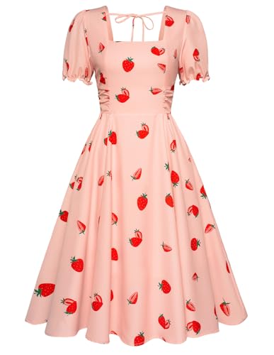 Image of Belle Poque Women's Vintage Midi Cottagecore Cocktail Dresses | Belle Poque Women's Vintage Cottage Core Dress,A-line,Midi,Square Neck,Homecoming Dress,Cocktail Dress,Sun Dress
