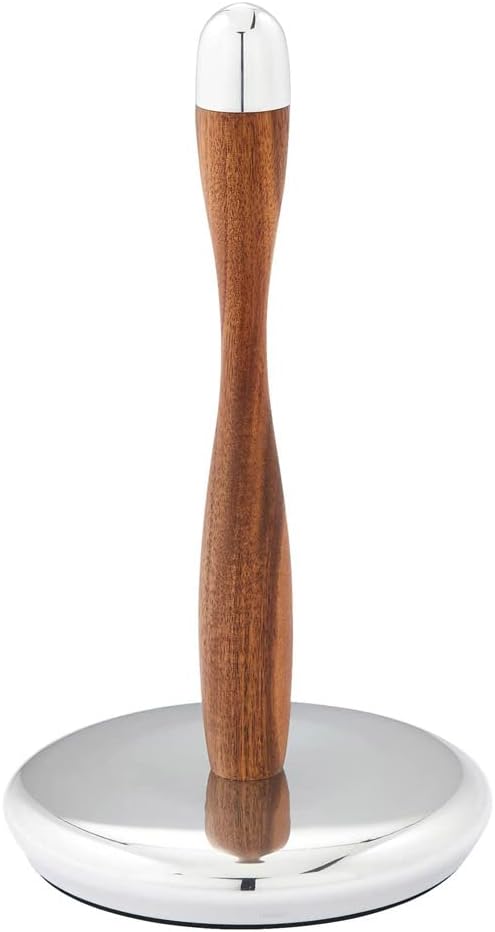 nambe Curvo Paper Towel Holder | Wooden Paper Towel Stand for Countertop | Kitchen Roll Holder with Weighted Base | Made of Acacia Wood and Metal Alloy | 7.5 x 13 Inch