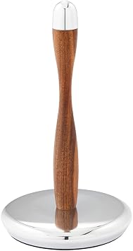 nambe Curvo Paper Towel Holder | Wooden Paper Towel Stand for Countertop | Kitchen Roll Holder with Weighted Base | Made of Acacia Wood and Metal Alloy | 7.5 x 13 Inch