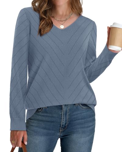 Image of WIHOLL Sweaters for Women V Neck Casual Knit Long Sleeve Tops Lightweight Pullover Clothes Fall Fashion Outfits 2026
