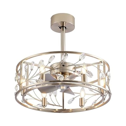 Crystal Ceiling Fan with Light Remote Control, 20 Inch Farmhouse Low Profile Caged Chandelier, Modern Enclosed Small Ceiling Fans for Living Room/Bedroom,Brushed Nickel Cover