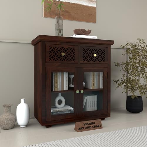 Image of Solid Sheesham Wood Sideboard Cabinet for Living Room | Wooden Storage Cabinet with 2 Acrylic Glass Doors & 2 Carved Drawers | Modern Display Sideboard for Home (Walnut Finish)