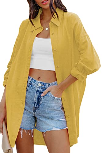 Image of FSHAOES Womens Oversized Button Down Shirts Casual Loose Long Sleeve Solid Lapel Long Blouses Tops with Pockets