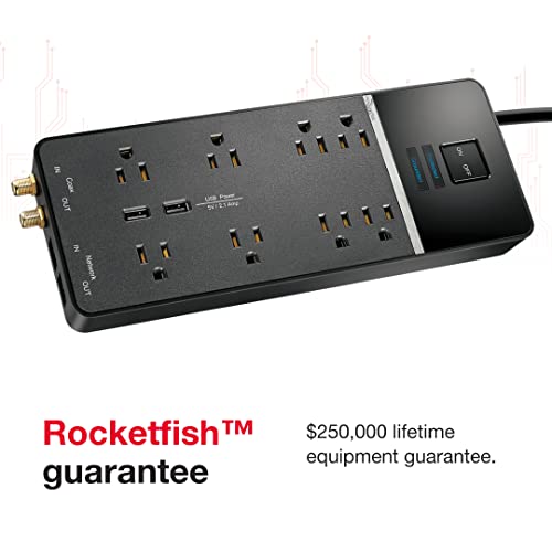 Rocketfish 8-Outlet/2-Usb Wall Tap Surge Protector Strip - Provides Protection & Convenient Mobile Phone Charging - Black #TOP4