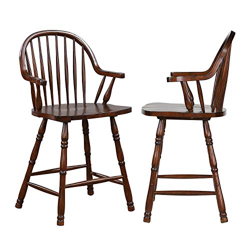 Sunset Trading Andrews 24" Counter Height Windsor Arm Stool  Set of 2, Antique White and Chestnut Brown