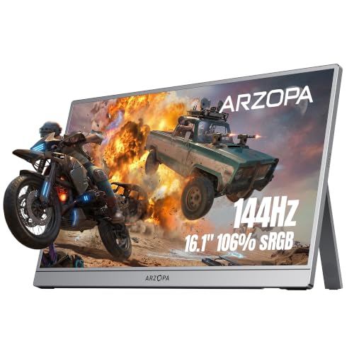 Arzopa 16.1'' 144Hz Portable Gaming Monitor 106% Srgb-Z1Fc Gray | 1080P Fhd Kickstand Portable Monitor With Hdr, Ultra Slim, Eye Care, External Second Screen For Laptop, Pc, Ps5, Mac, Xbox