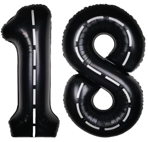 Image of Race Car 40 Inch Black 18 Big Large Helium Balloon Number 0-9 | Track Giant Digital 18th Foil Mylar Party Balloons for Men Birthday Car Theme Party Anniversary Graduation Decorations