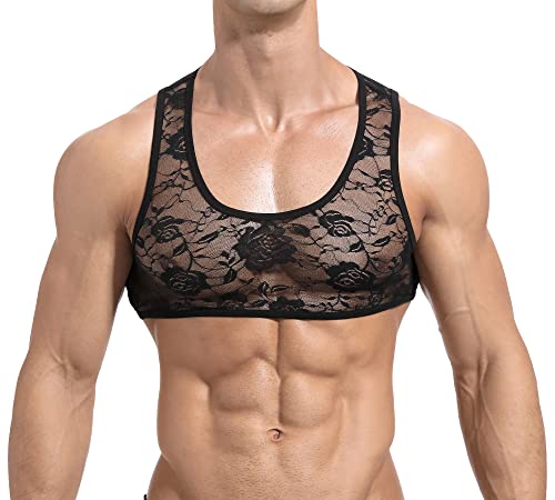 FEOYA Crop Top Homme sans Manches en Dentelles Maillot de Corps Lingerie Débardeur Court Musculation Tank Top Gym Sport Fitness A2 L Cover