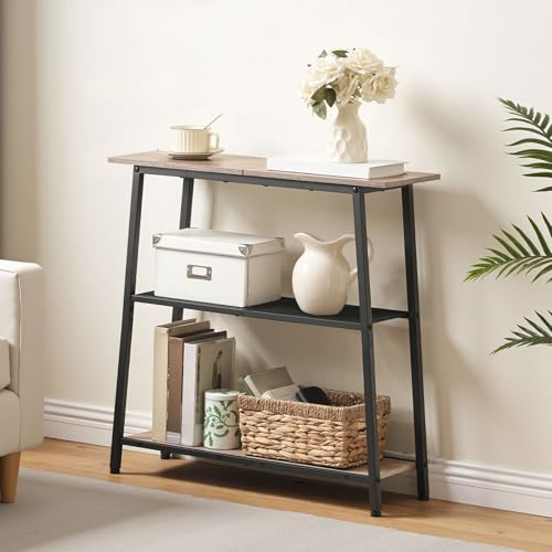 Image of HOOBRO 30 inch Narrow Console Table, 3-Tier Small Entryway Table with Storage Shelves, Behind Couch Sofa Table, Hallway Table for Entryway, Foyer, Hallway, Living Room, Greige and Black BG62XG01