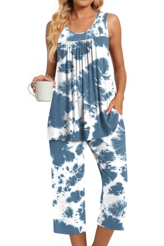 Image of TAOHUADAO Womens Summer 2 Piece Pajama Sets, Sleeveless Tops with Capri Pants, Lounge Ladies Pjs Sets with Pockets