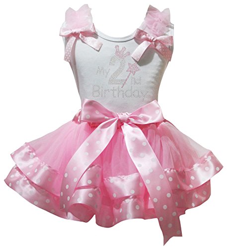Camiseta 2 cumpleaños y falda de pétalos para niña de lunares blancos y rosa
